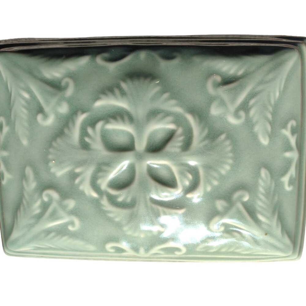 Green CELADON Porcelain Asian Lidded Decorative Box Heavy 8”x 6” Ceramic Vintage